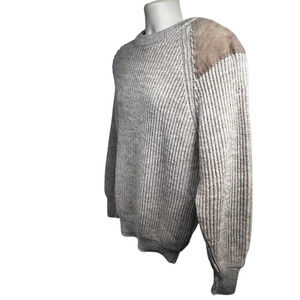 Vintage St Michael Wool UK Fisherman Knit Sweater Mens S/M Beige Suede Patches